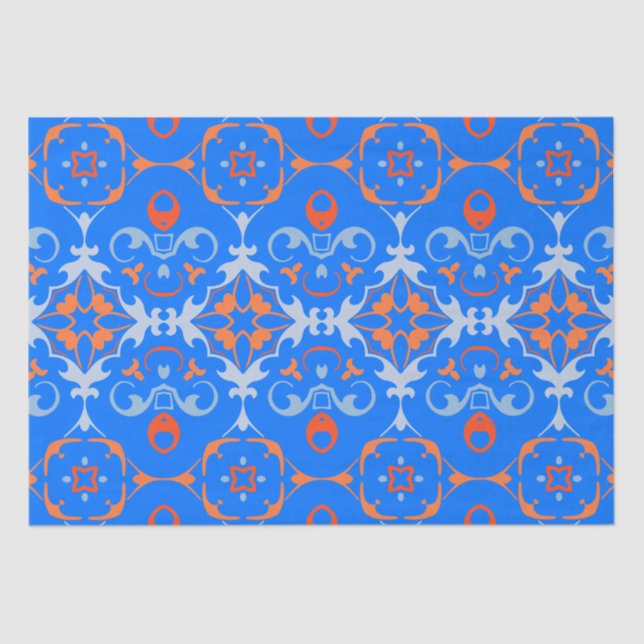 Papel De Seda Cor damasco Étnica de Boho Azul-Laranja Marinho (Frente )