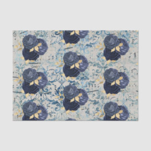 Papel De Seda Cor damasco Floral Dourada Azul Vintage