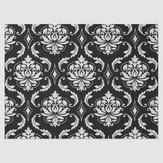 Papel De Seda Cor damasco floral preto e branco clássica (Frente )