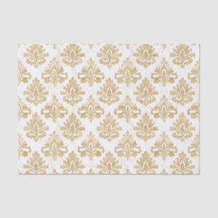 Papel De Seda Cor damasco Ornamental Branca e Dourada Vintage