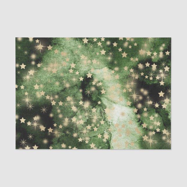 Papel De Seda Cor Verde da Água com Estrelas Douradas (Frente )
