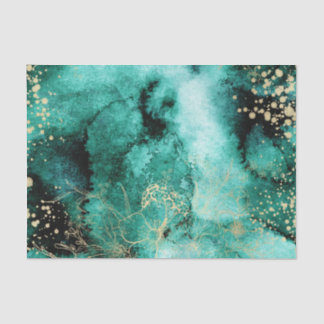 Papel De Seda Cor Verde da Água com flores Douradas