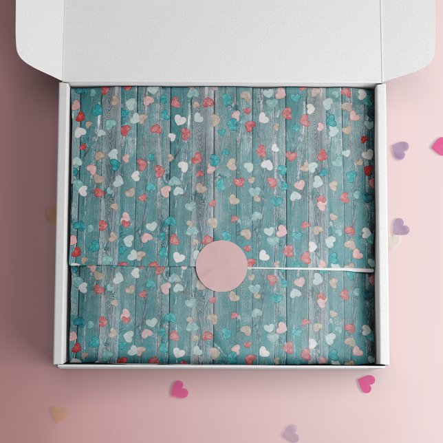 Papel De Seda Corações bonito na Madeira Azul Rústica (Criador carregado)