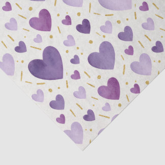 Papel De Seda Corações de Aquarela Lavanda com Brilho Dourado