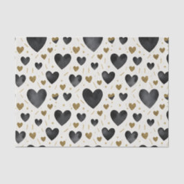Papel De Seda Corações de Aquarela Preta e Dourada com Glitter à