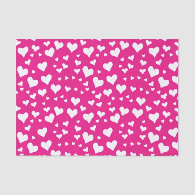 Papel De Seda Corações de Giz Branco no Rosa de Fuchsia (Frente )