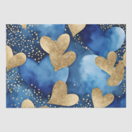 Papel De Seda Corações de São Valentim com Tinta Azul e Dourada 