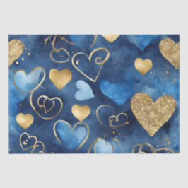 Papel De Seda Corações de São Valentim em Tinta Azul e Dourada A