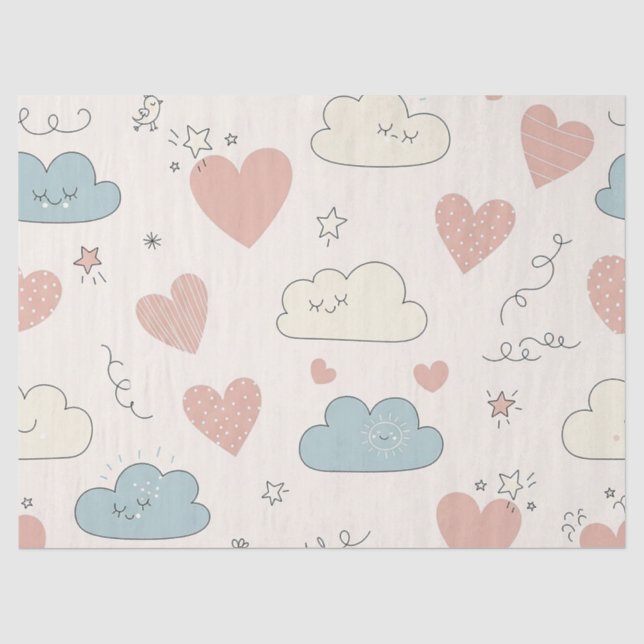 Papel De Seda Corações Pastéis e Nuvens Sonho em Aquarela (10) (Frente )