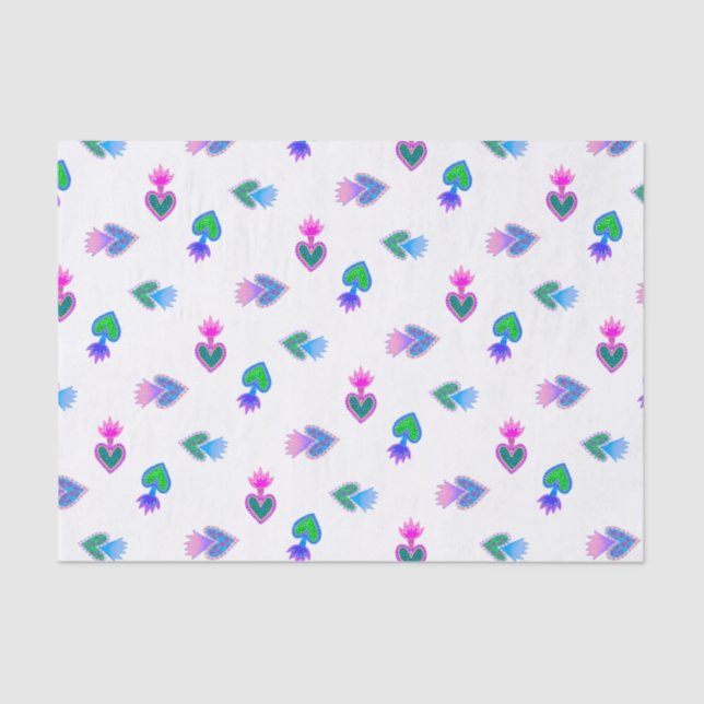 Papel De Seda Corações Sagrados - Folk Azul Vermelho (Frente )