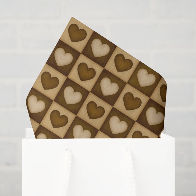 Papel De Seda Corações Xadrez Marrom Toffee (Sacola de presentes)