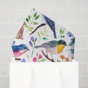 Papel De Seda Cores d'água coloridas aves e padrão das flores
