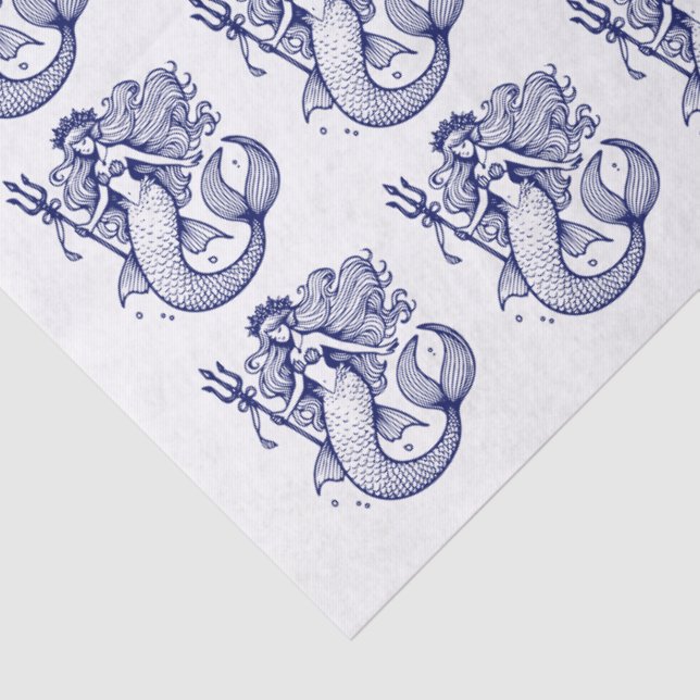 Papel De Seda Cores DIY Sedutora Sereia Segurando Tridente Azul (Detalhes)