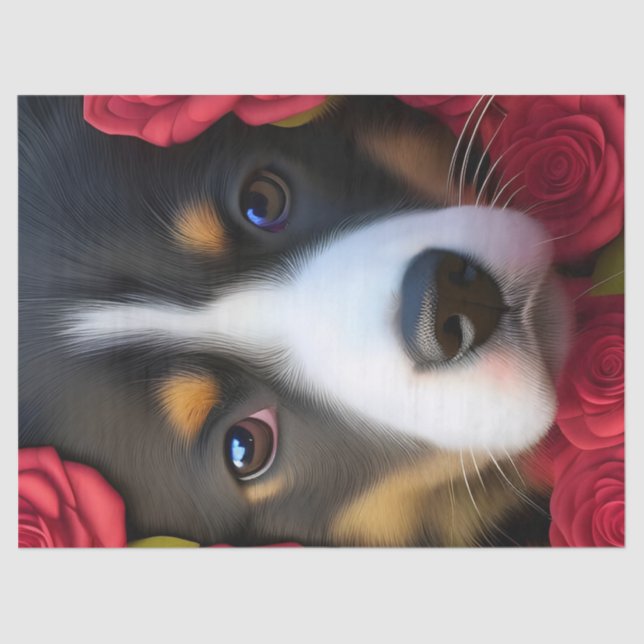 Papel De Seda Corgi Puppy em rosas vermelhas (Frente )