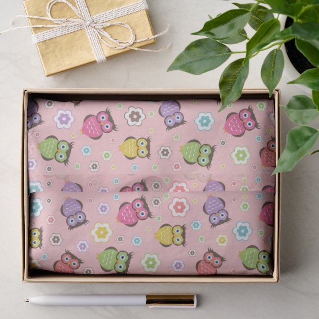 Papel De Seda Coruja Adorável e Desenho Floral (Presente)