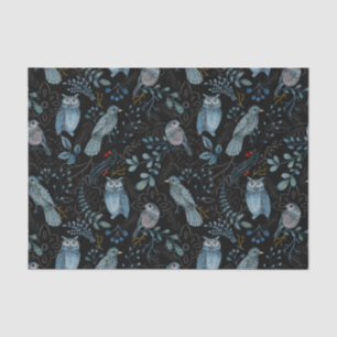 Papel De Seda Coruja de Pássaro Azul Nórdico Floral