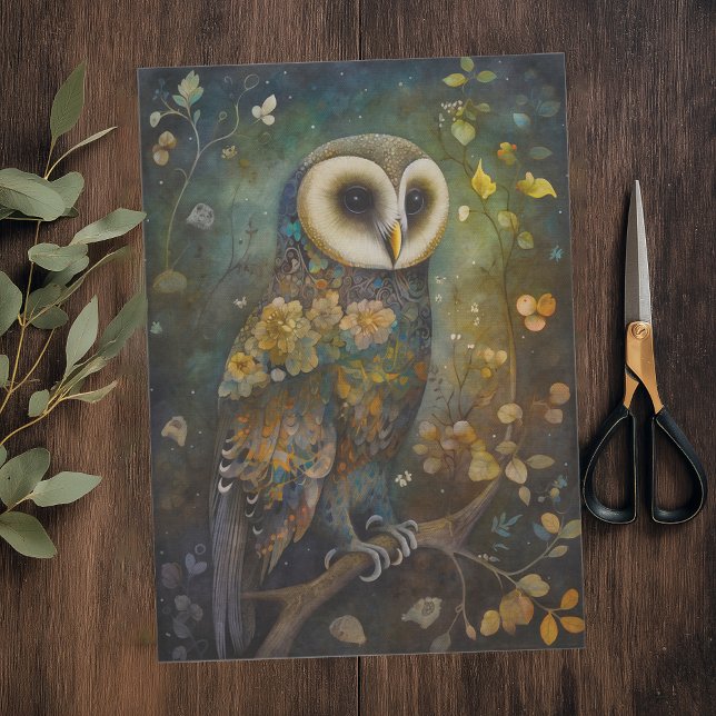 Papel De Seda Coruja Floral Decorativa (Elegant Woodland Owl Whole Page Tissue Paper)