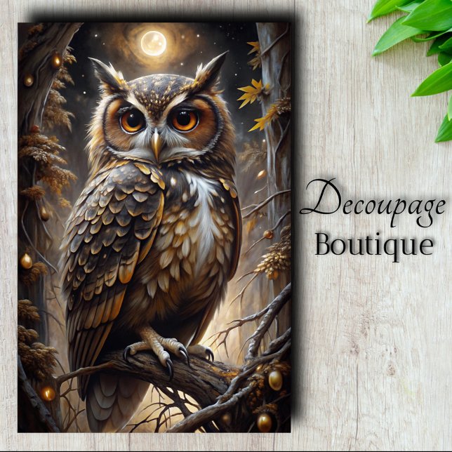 Papel De Seda Coruja Observadora da Lua Decoupage (Moon Watcher Owl Decoupage Tissue Paper)