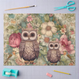 Papel De Seda Corujas De Madeira, Aves E Florais De Cottagecore