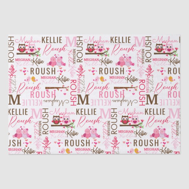 Papel De Seda Corujas de Pássaros com Nome e Colagem Monográfica (Frente )