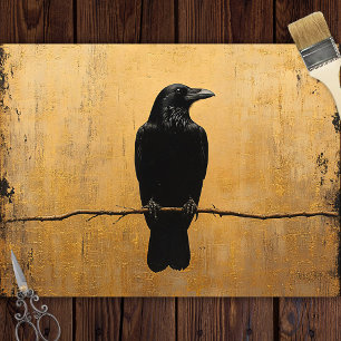 Papel De Seda Corvo em um Ramo Fundo Dourado Decoupage