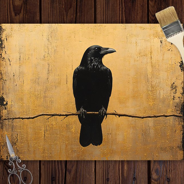 Papel De Seda Corvo em um Ramo Fundo Dourado Decoupage (Criador carregado)