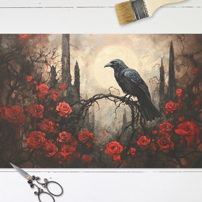 Papel De Seda Corvo Gótico com Decoupage de Rosas Vermelhas Escu (Criador carregado)