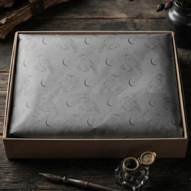 Papel De Seda Corvo Lunar Gótico (Lunar raven tissue paper for gothic birthday gifts.)