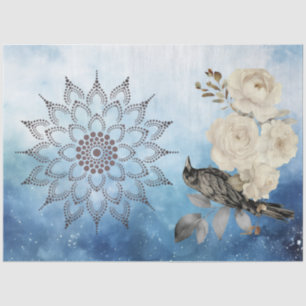 Papel De Seda Corvo Preto Flores Brancas Fundo Azul