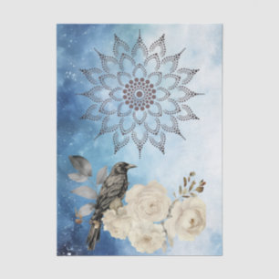 Papel De Seda Corvo Preto Flores Brancas Fundo Azul
