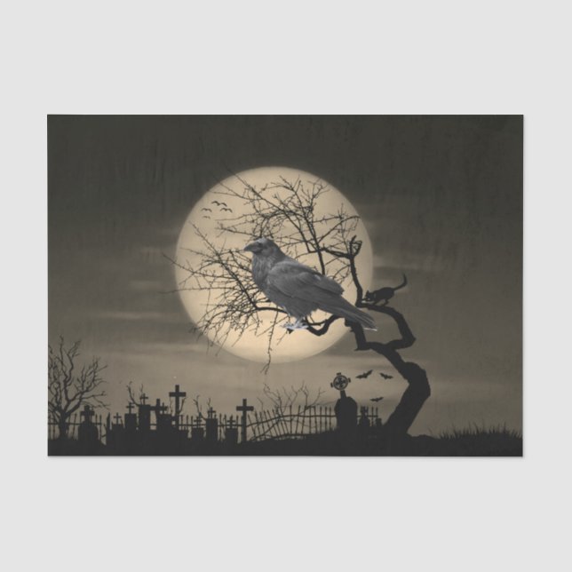 Papel De Seda Corvo Sombrio de Halloween na Árvore (Frente )