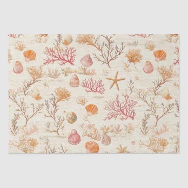 Papel De Seda Costeira russa - Conchas, Starfish, Recife (5) (Frente )