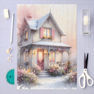 Papel De Seda Cottagecore Casa de Primavera em Flor em Aquarela