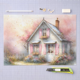 Papel De Seda Cottagecore Casa de Primavera em Flor em Aquarela