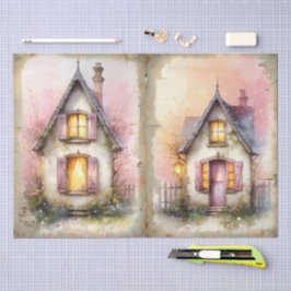 Papel De Seda Cottagecore Lar de Primavera em Flor em Aquarela