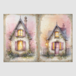 Papel De Seda Cottagecore Lar de Primavera em Flor em Aquarela