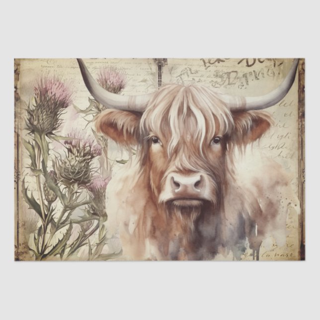 Papel De Seda Cow Highland Scotland Thistle Watercolor (Frente )