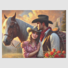 Papel De Seda Cowboy Cowgirl e um Cavalo Ocidental