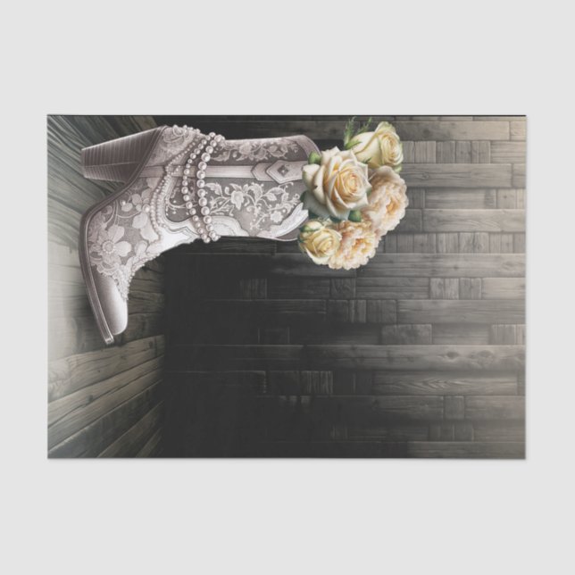 Papel De Seda Cowgirl Lace & Pearls Boots Flores Brancas Russas (Frente )