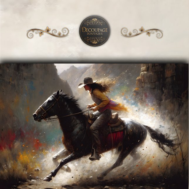 Papel De Seda Cowgirl Riding Black Horse Canyon Decoupage  (Cowgirl Riding Black Horse Canyon Decoupage Tissue Paper)