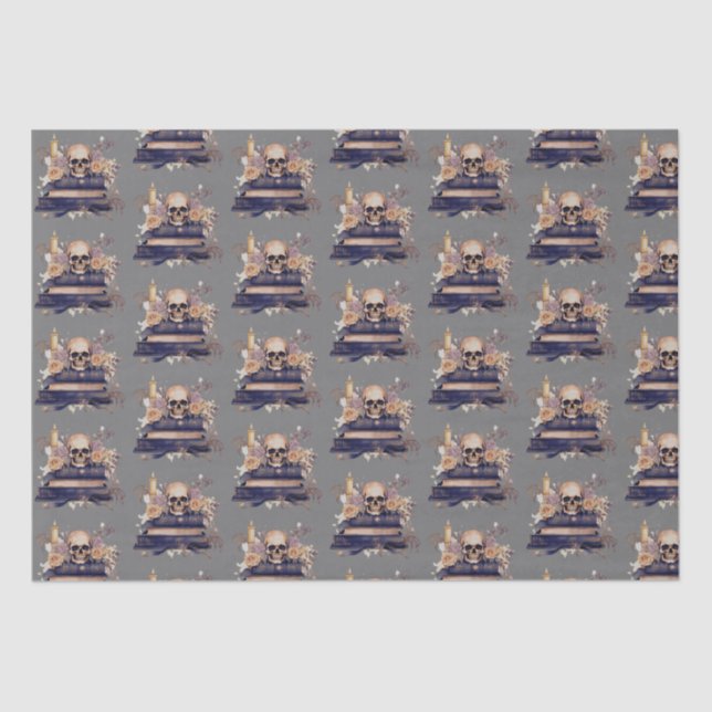 Papel De Seda Crânio Cinzas Rosas Douradas Padrão Halloween (Frente )