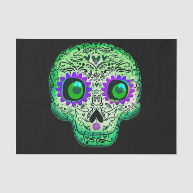 Papel De Seda Cranio de Açúcar Brilhante Verde e Roxo de Hallowe (Frente )