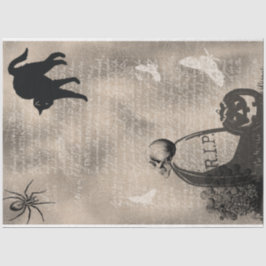 Papel De Seda Crânio de Halloween em Tombstone e Gato Negro