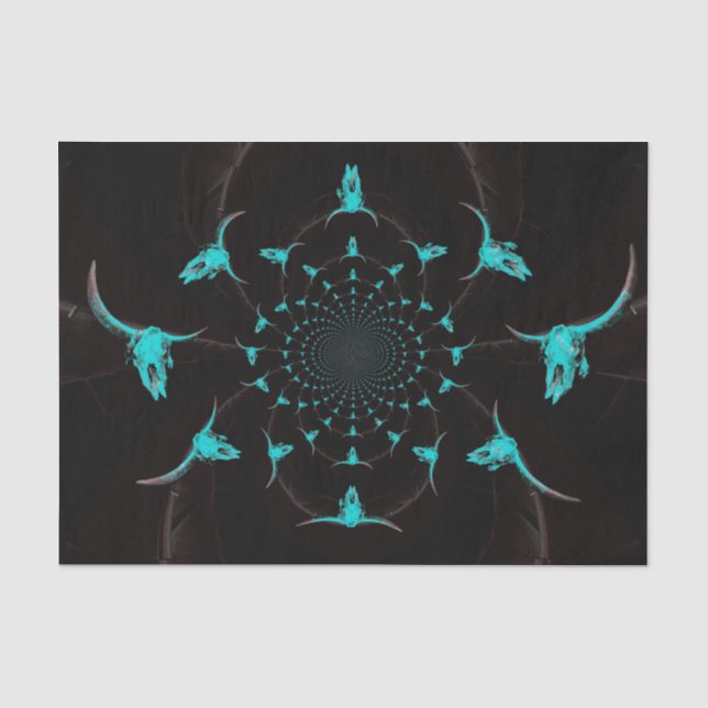 Papel De Seda Crânio de Vaca Azul Teal Ocidental Rústico País Pr (Frente )