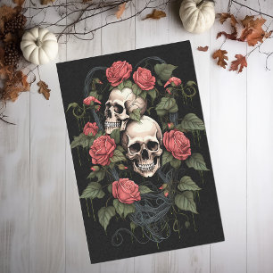 Papel De Seda Crânio Esqueleto com Rosas Aquarela