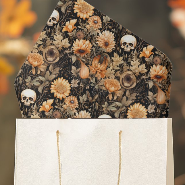 Papel De Seda Cranio Floral de Outono Assustador (Add spooky elegance to your gift wrap and Halloween crafts with this skull and flowers tissue paper.)