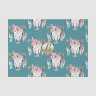 Papel De Seda Crânio Floral Rústico Boho Monograma Personalizado