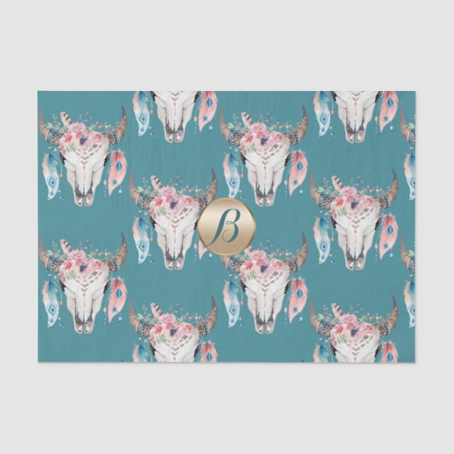 Papel De Seda Crânio Floral Rústico Boho Monograma Personalizado (Frente )