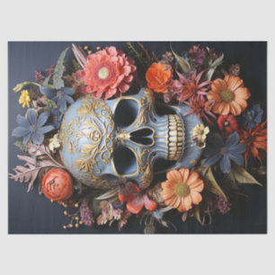 Papel De Seda Crânio Floral Textrudido em Decoupage Azul