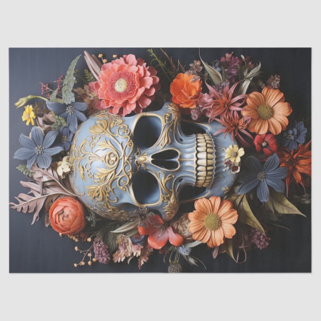 Papel De Seda Crânio Floral Textrudido em Decoupage Azul (Frente )